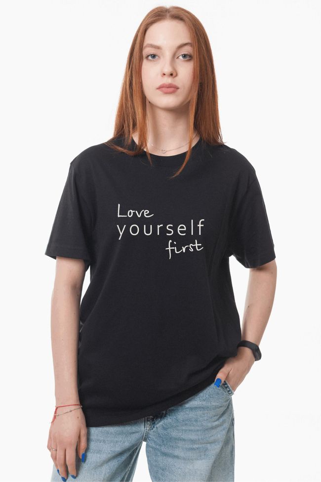 Футболка з вишивкою "Love yourself first", жіноча, чорна, XS, Embroshop FMU016P-0100 фото