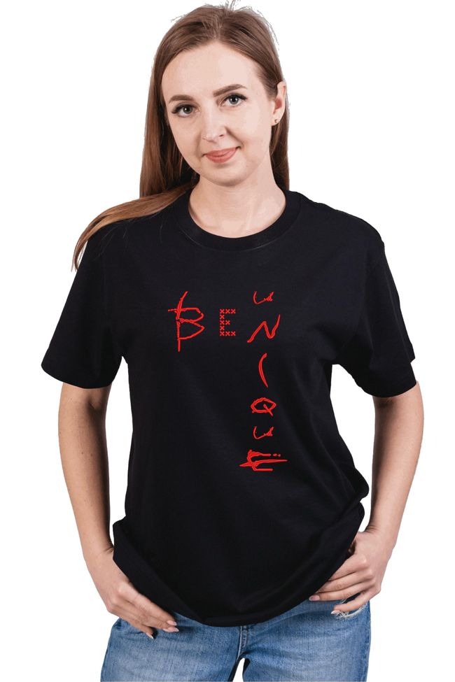 Футболка з вишивкою "Be unique, no anguish", жіноча, чорна, M, Embroshop es005u-f013 фото