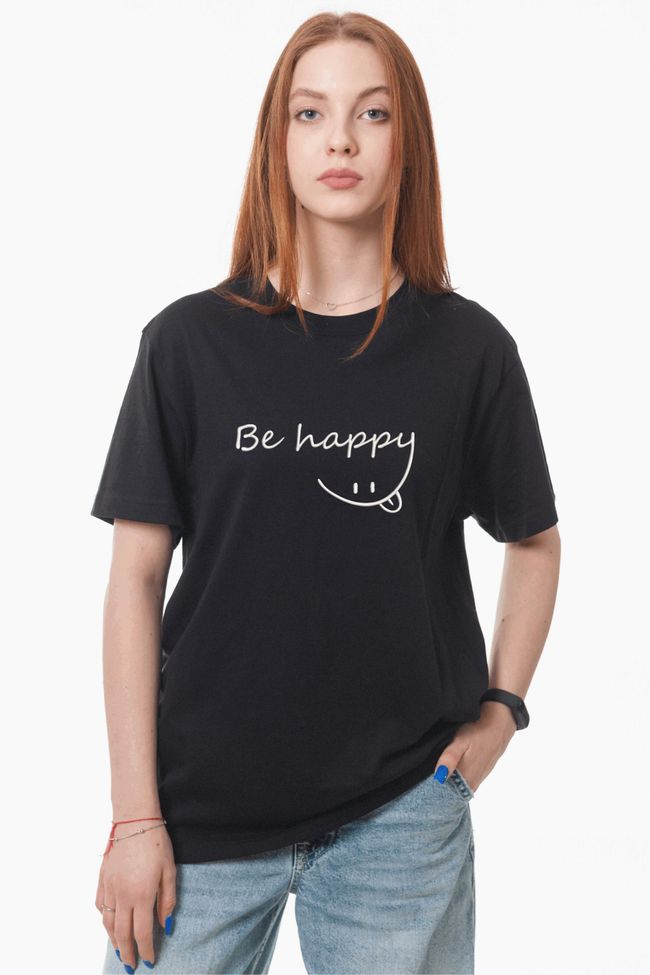 Футболка з вишивкою "Be happy", жіноча, чорна, XS, Embroshop FMU007P-0100 фото