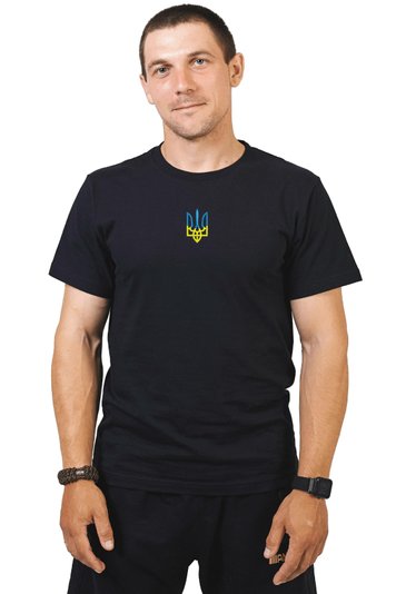 Футболка з вишивкою "Тризуб, синьо-жовтий", чоловіча, чорна, M, Embroshop ua089m-f013 фото